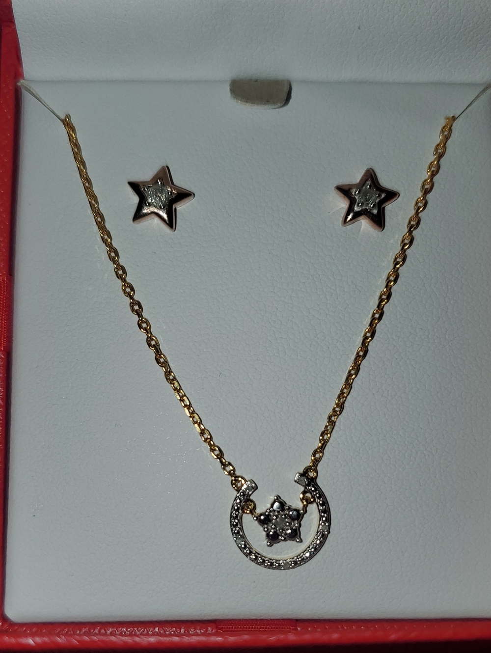 Natural Diamond Gold Filled Star $ Crescent Necklace w NDGF Star Stud Earrings